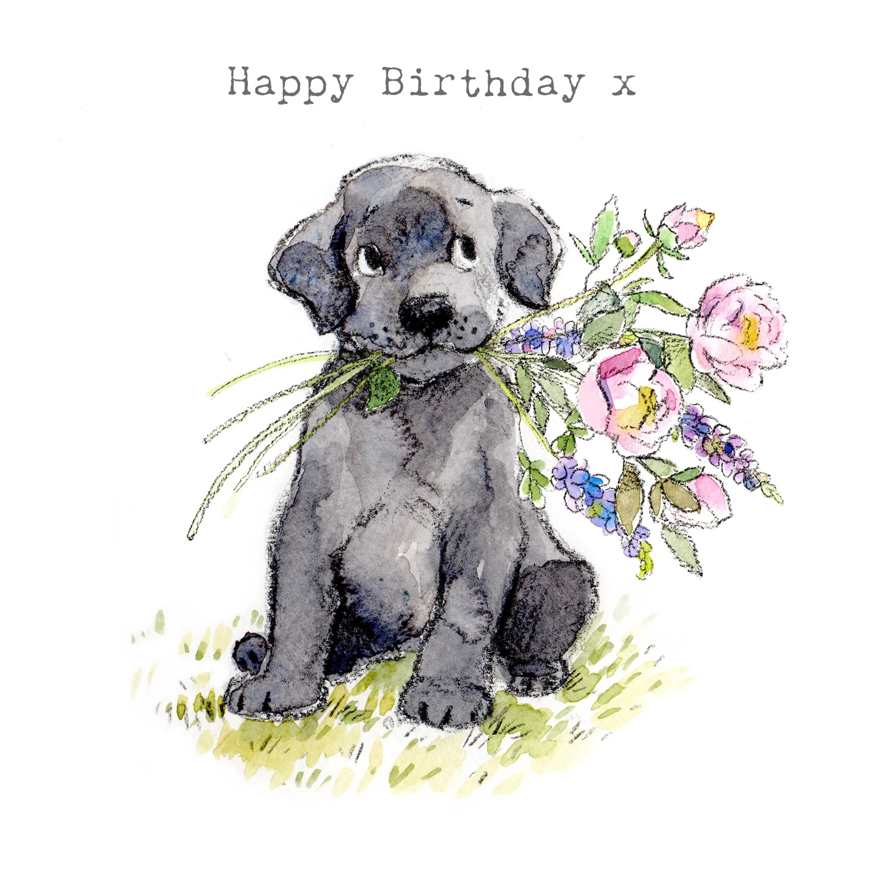 Black Labrador With Flowers Card