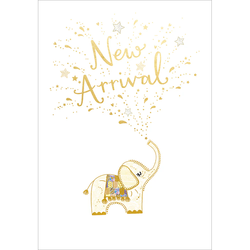 Gold "New Arrival" Baby Elephant Card