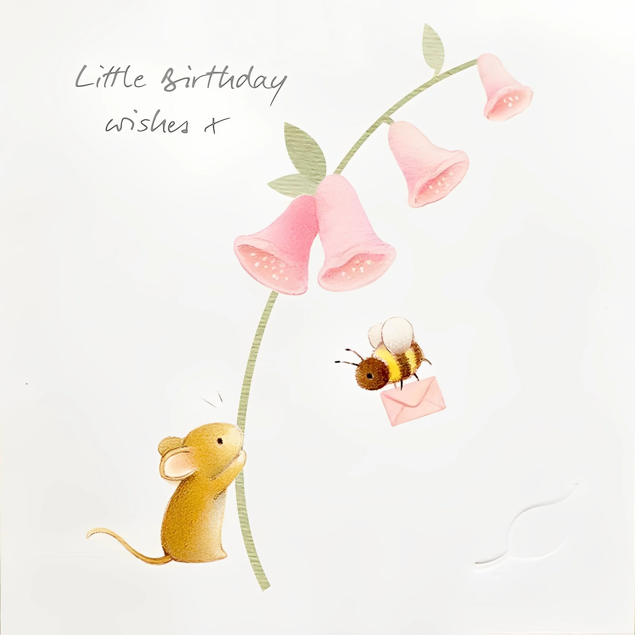 Mouse Holding Foxglove And A Flying Bee Card