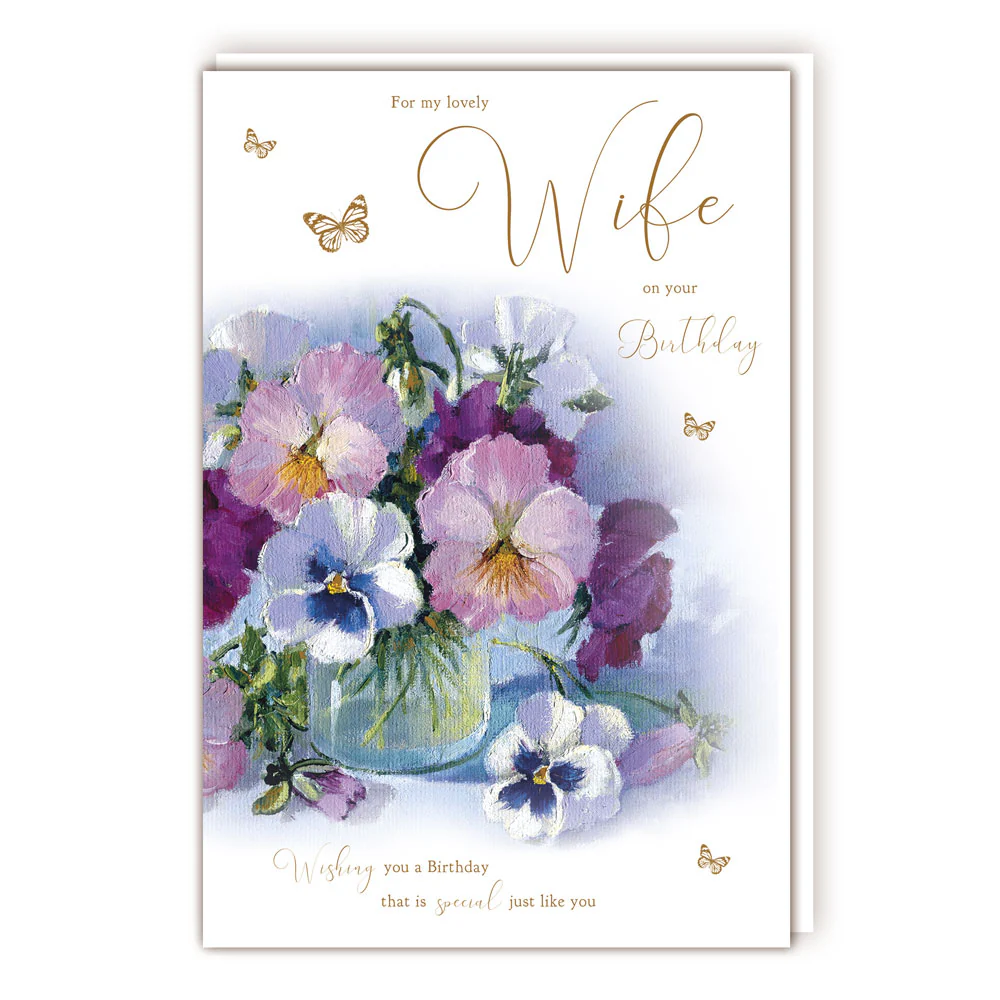 Purple Pansies Wife Birthday Card