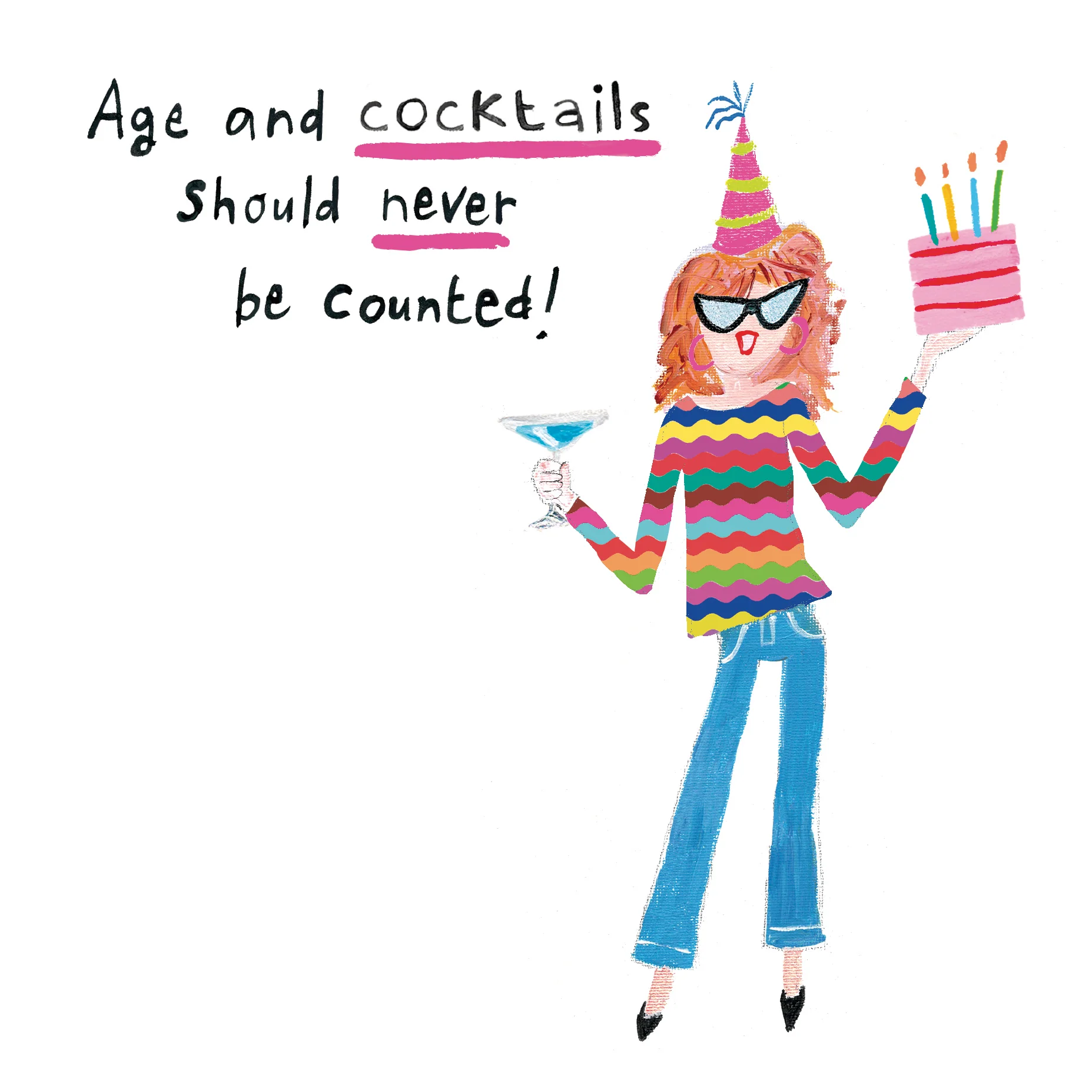 Woman Holding Balloon and Cake Card